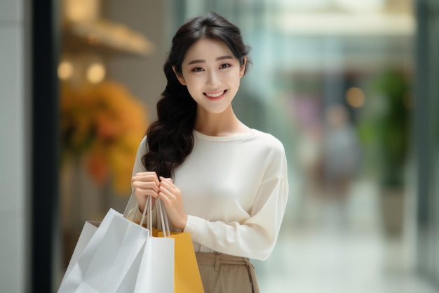 Pretty Asian woman smiling and holding shopping bags feeling happy and enjoying black friday sale in shopping mall shopping