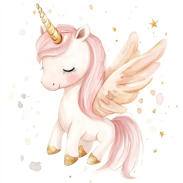 pretty baby unicorn with wings pink illustration