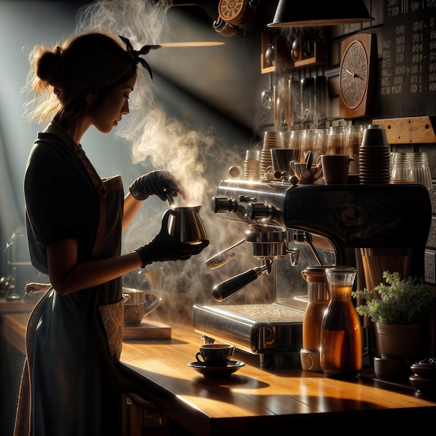 the pretty barista girl skillfully brewing coffee at a rustic cozy cafe with a charming aesthetic