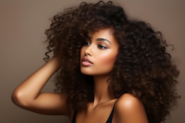 Pretty black woman with ideal profile put the hands on a hair lifted up