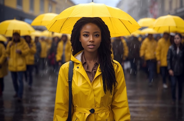 Pretty black woman yellow rain jacket standing out from the crowd diversity banner copy space text