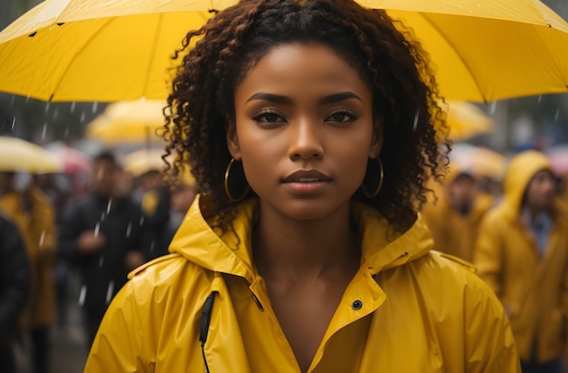 Pretty black woman yellow rain jacket standing out from the crowd diversity banner copy space text