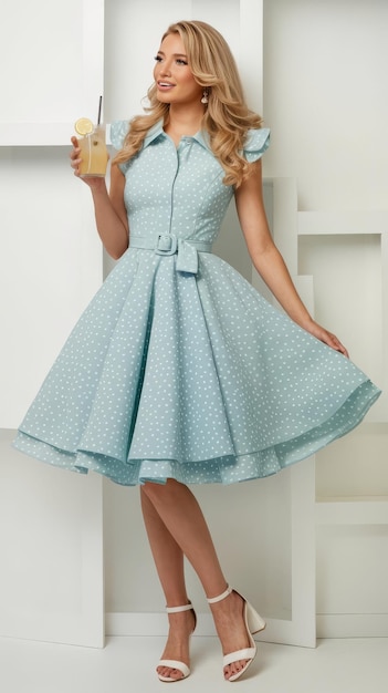 Photo pretty blond woman in stylish spring dress holding tasty lemonade and posing over white background