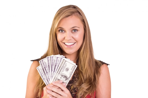 Pretty blonde showing wad of cash