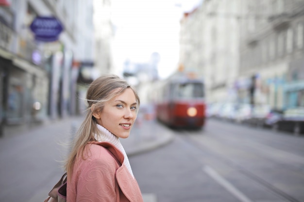 Pretty blonde woman in the city