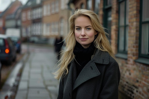 Pretty blonde woman posing at beautiful european street