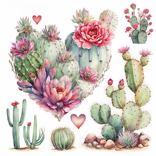 a pretty boho cactus valentine collection on white background