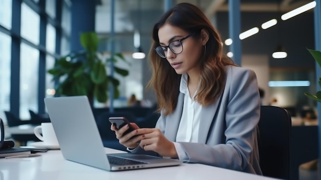 Pretty brunette office worker having coffee break while being in cozy office