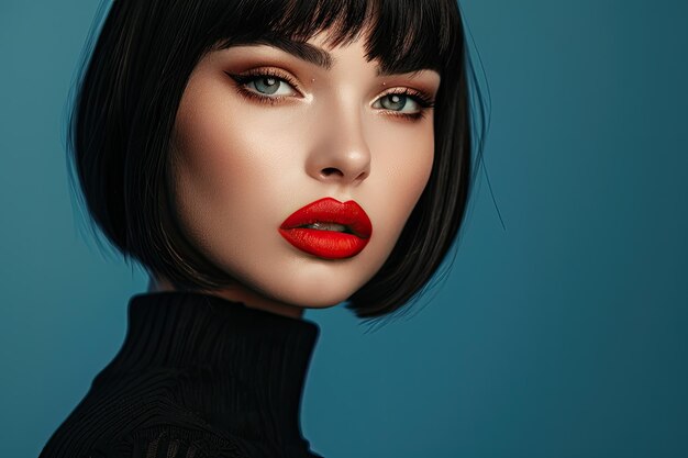 Photo pretty brunette with bold red lips and black hair in a chic bob hairstyle model with vibrant makeup in close up fashion portrait