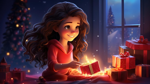 Pretty brunette woman opens an adorable present with lights