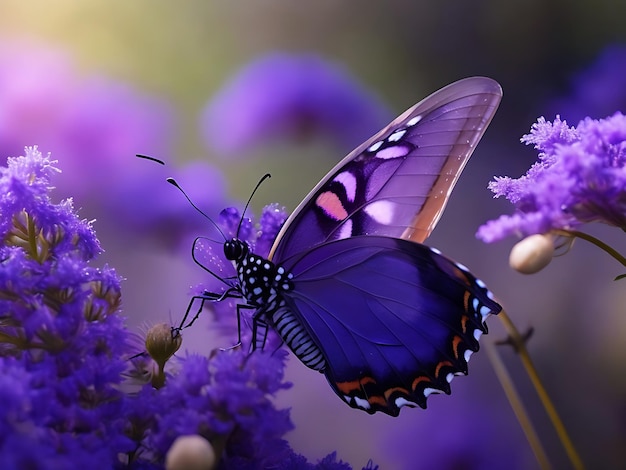 Pretty butterfly over the tiny purple flowers 4k resolution generated ai