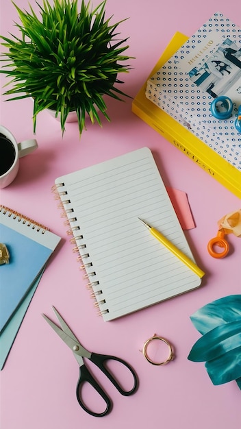 Pretty desktop composition with notebook scissors and books on pink background with blu