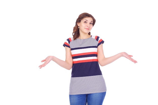 Pretty emotional young woman, white background, studioshot