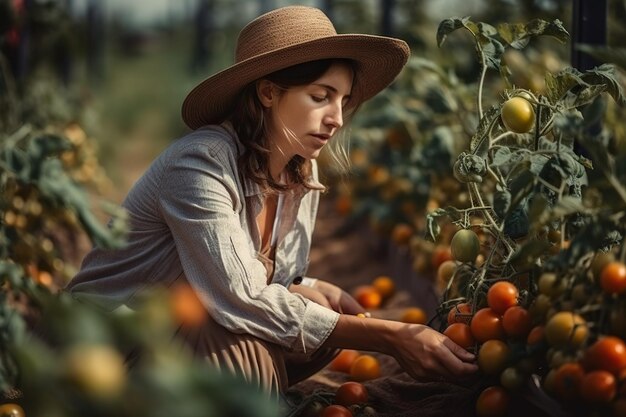 A pretty farming woman picks tomatoes from her sustainable garden Ai generated