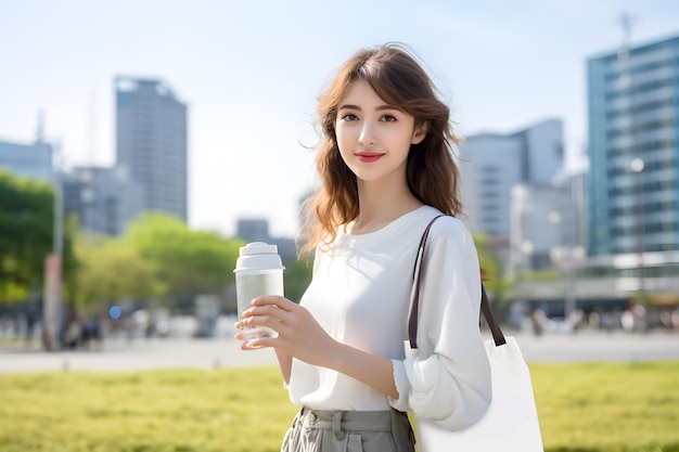 Pretty female tourist uses a reusable bottle and cloth bag Biodegradable products Sustainable travel