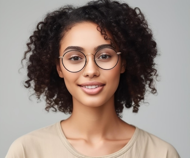 Pretty female with dark skin and broad happy smile wearing big round eyeglasses enjoying good positive news concerning her promotion at work posing isolated against white blank wall background