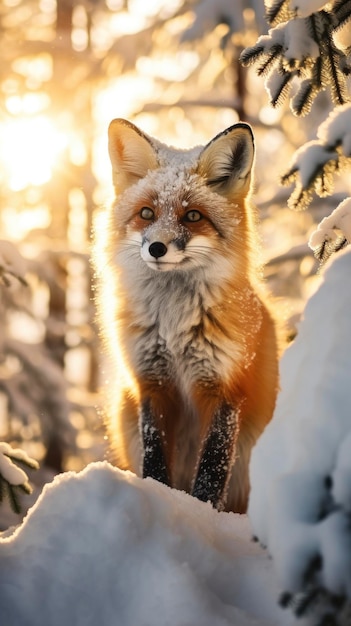 Pretty fox in snowy winter beautiful coniferous forest at sunny morning