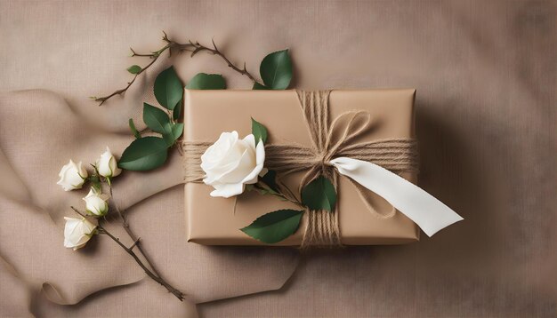 Pretty gift box wrapped with simple brown craft paper and decorated with jute bow with white roses