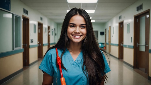 Pretty girl is smiling with long dark hair holding a mop in a hospital wing