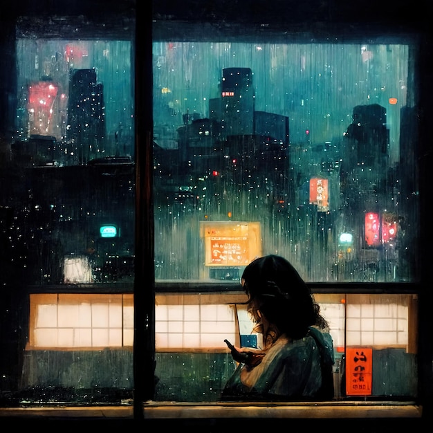 pretty girl, near a window, phone in her hands, typing a message