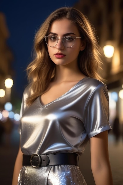 A pretty girl in silver cloths and glasses is standing on street at night