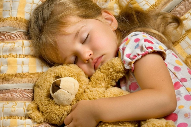 Photo pretty girl sleeping with teddy bear on bed