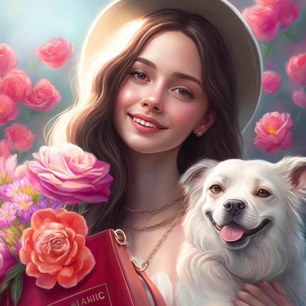 A pretty girl smiling with a Chanel logo bag and doggy generative AI