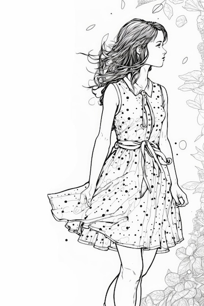 A pretty girl wearing beautiful dress sketch of a coloring book generative AI