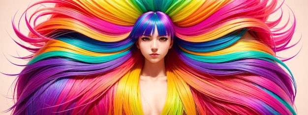 Pretty girl with colorful hair Young smiling European woman with bright makeup and rainbow dyed hairstyle Lots of of colored fluttering curls Professional haircut and coloring Generative AI