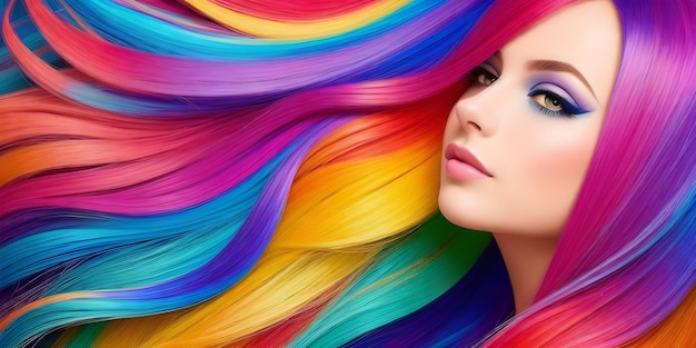 Pretty girl with colorful hair Young woman with bright makeup and rainbow dyed hairstyle Female profile on background of colored fluttering curls Professional haircut and coloring Generative AI