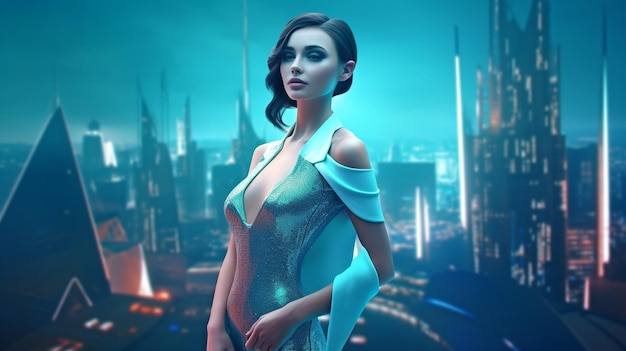 Pretty girl with futuristic attire Pleasant grin Background of the future metropolis urban technological hub GENERATE AI