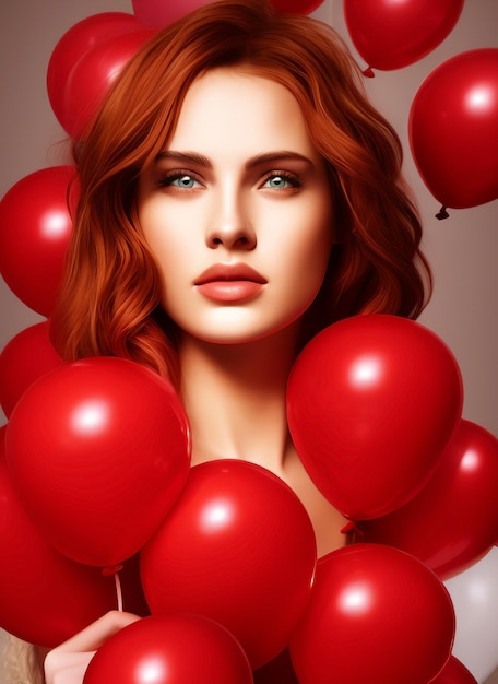 Pretty girl with red hair surrounded by red balloons. studio photo. taking photos on valentine's day