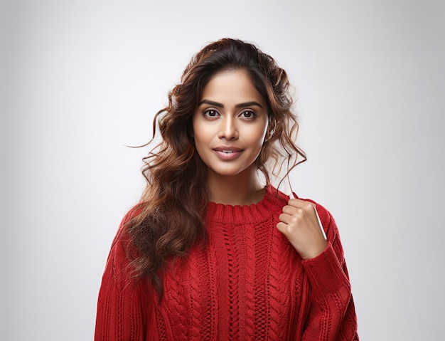 Pretty Indian young woman wears sweater in winters standing isolated looking at camera