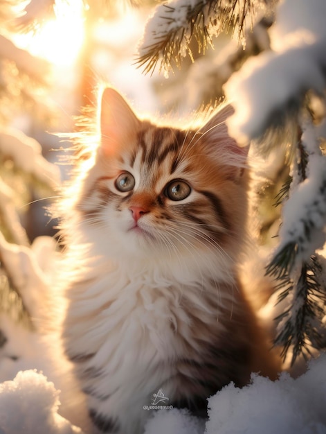 Pretty kitten in snowy winter beautiful coniferous forest at sunny morning