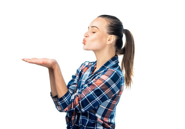 Pretty lady in checkered shirt Stylish young brunette model showing emotes