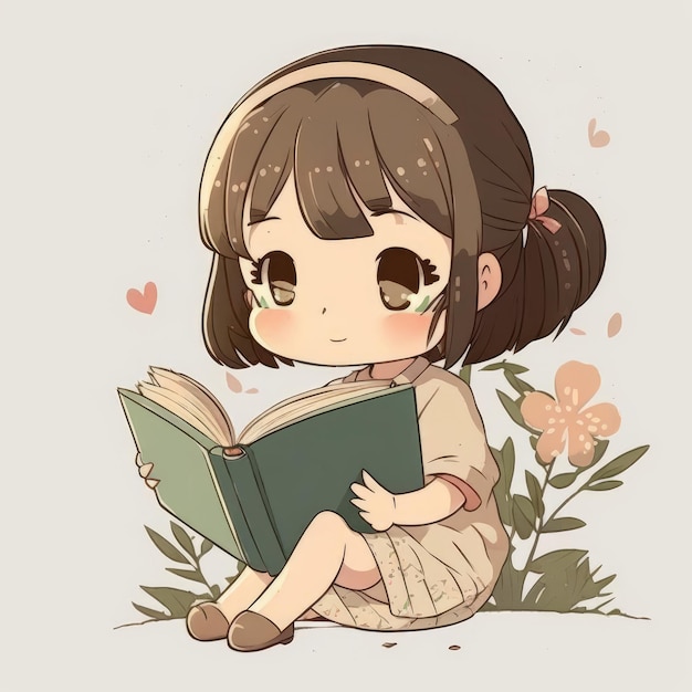 Pretty little cartoon girl reading book on white background generative AI