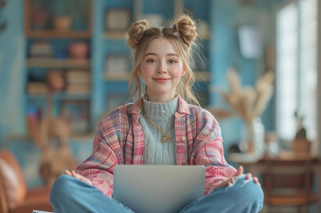 Photo pretty lovely student girl sit on floor crossed legs hold laptop look at happy expression and using laptop on blurred background