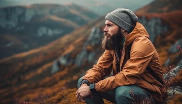 A pretty male sits thoughtfully on the edge of a mountain