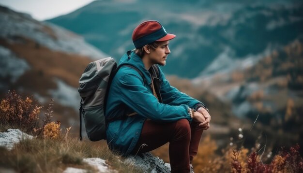 A pretty male sits thoughtfully on the edge of a mountain