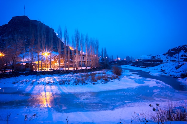 Pretty Night Time Illuminations of the Stunning Kars Citadel. Turkey