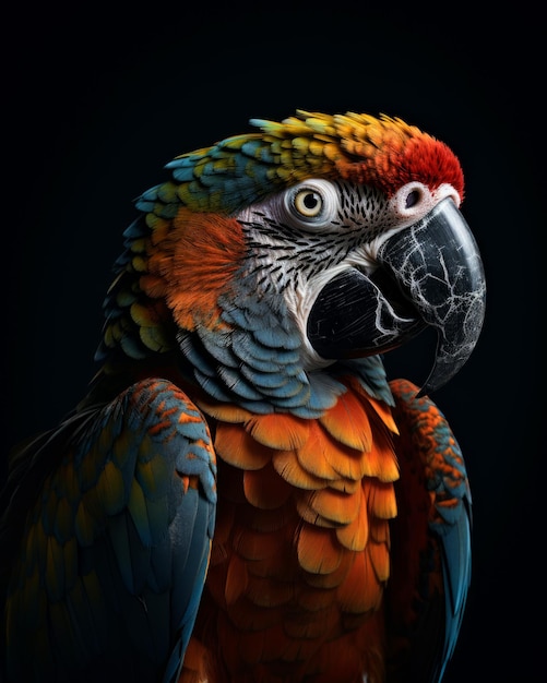 Pretty parrot on dark background Portrait of colorful exotic bird generative ai