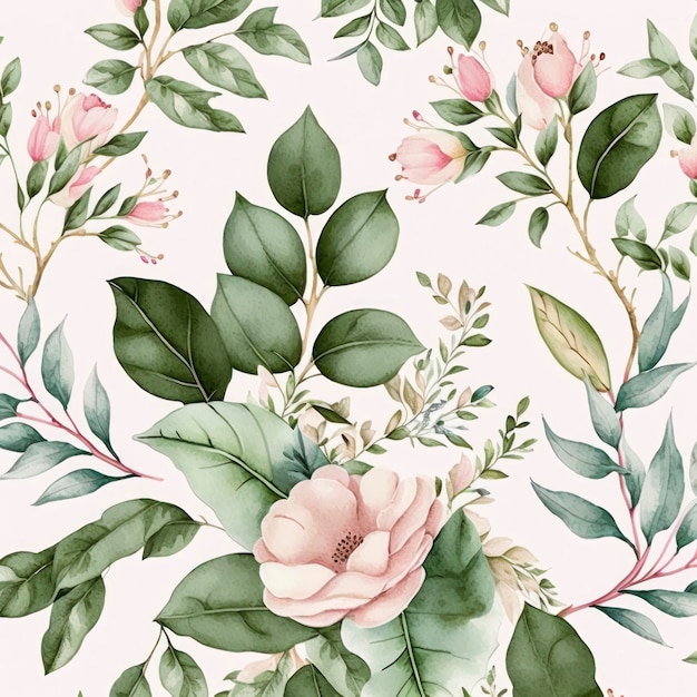 Pretty pink flowers and leaves pattern