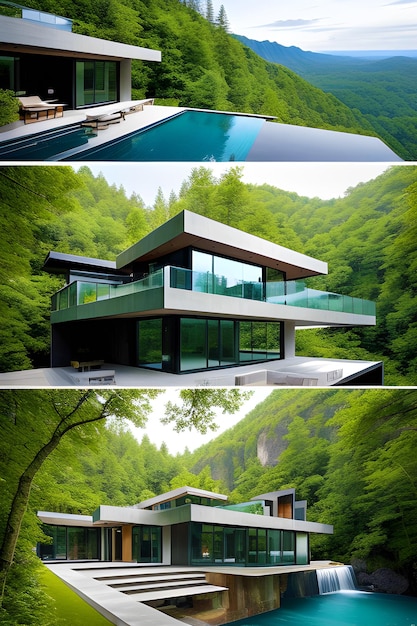 a pretty property perched near the edge of a breathtaking waterfall this modern house generated ai