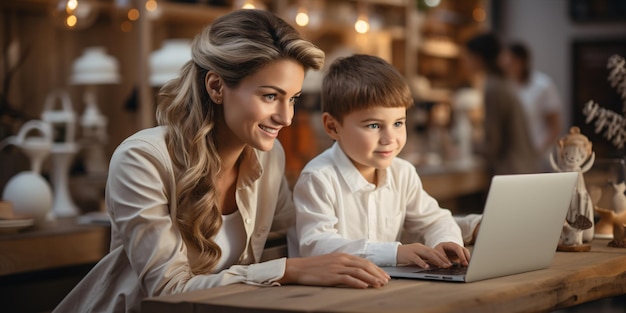 Pretty schoolboy studying homework during her online lesson at home online education concept home schooler Online school Back to school