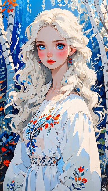 Pretty slavic girl in traditional dress with embroidery with wavy white hair in birch trees forest