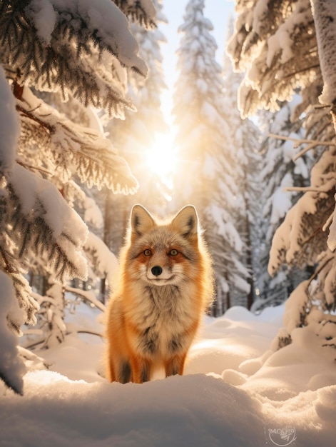 Pretty small fox in snowy winter beautiful coniferous forest at sunny day