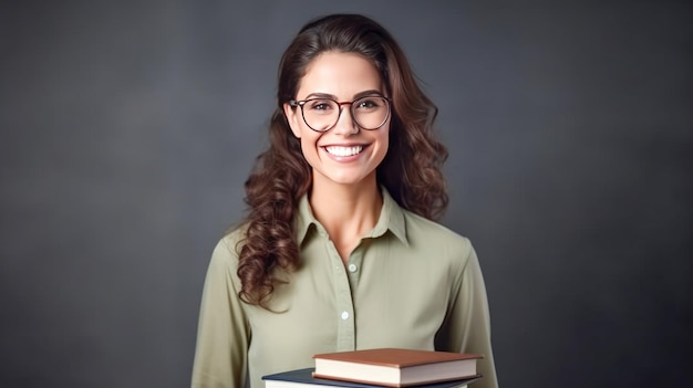 Pretty smiling female teacher looking at camera kids on background in classroom Back to school