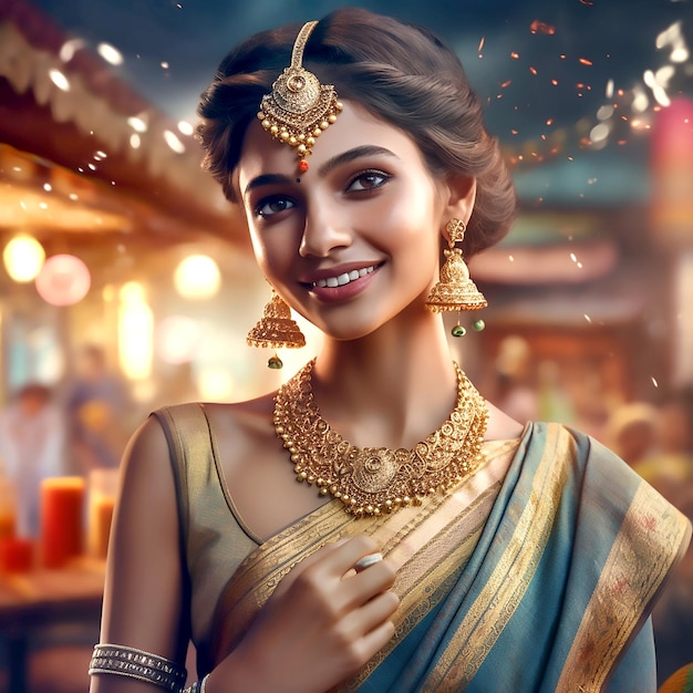 Pretty smiling Indian girl in silk saree with gold jewelry