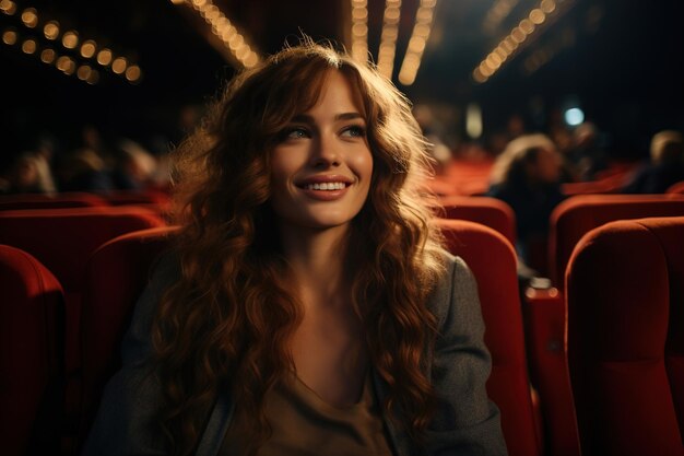 Pretty smiling young woman relaxing in the cinema watching a movie