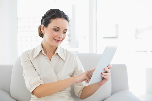 Pretty stylish brunette businesswoman using a tablet pc